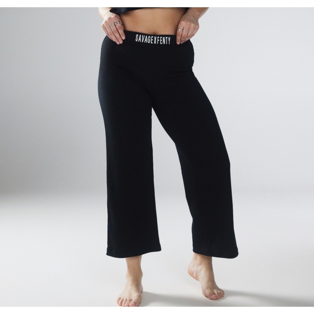 Savage X Fenty Black Ribbed Wide Leg Lounge Pants High Waist Logo 1X